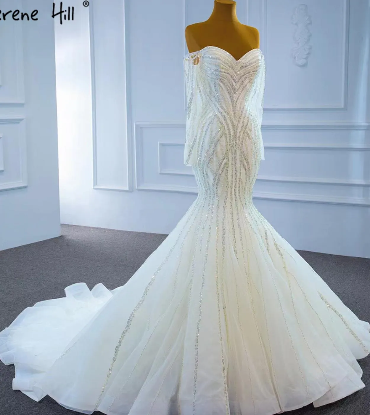 Abiti da sposa a sirena di lusso bianco Serene Hill Abiti da sposa eleganti con perline di perle Hm67242 Abiti da sposa