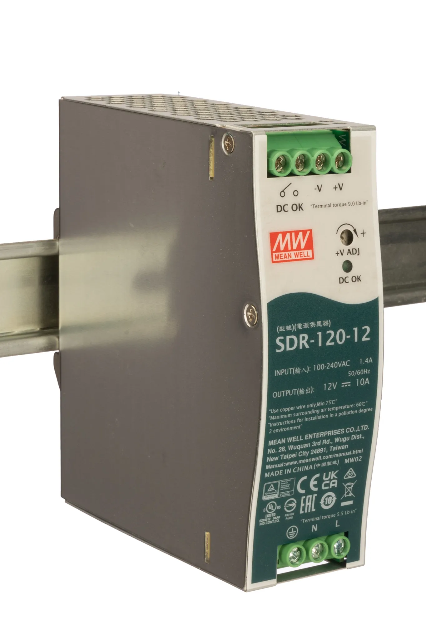 Alimentatore a montaggio su guida DIN MEAN WELL, 12V cc, 10A, 88 → 264V ca, 120W