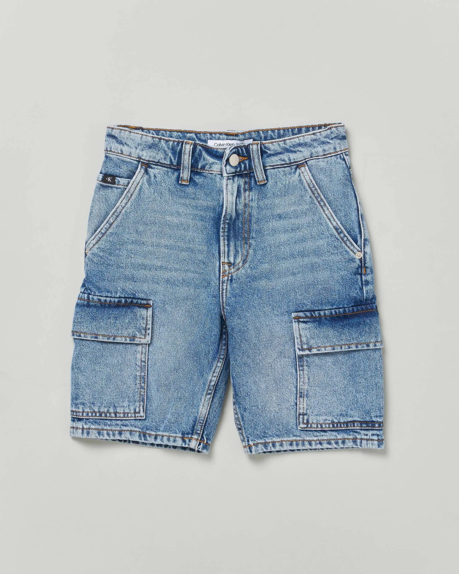Bermuda cargo in denim di cotone a lavaggio chiaro stone washed 10-16 anni