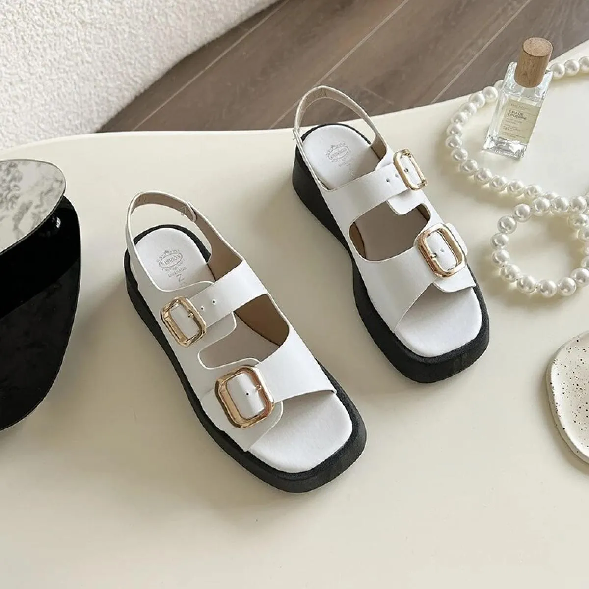 Bkqu 2022 nuove donne sandali in vera pelle donna scarpe con fibbia moda festa quotidiana calzature femminili scarpe con plateau