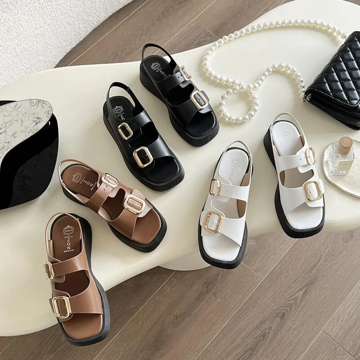 Bkqu 2022 nuove donne sandali in vera pelle donna scarpe con fibbia moda festa quotidiana calzature femminili scarpe con plateau
