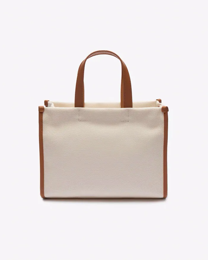Borsa piccola a mano in canvass di cotone color naturale con scritta logo e profili in similpelle color cuoio