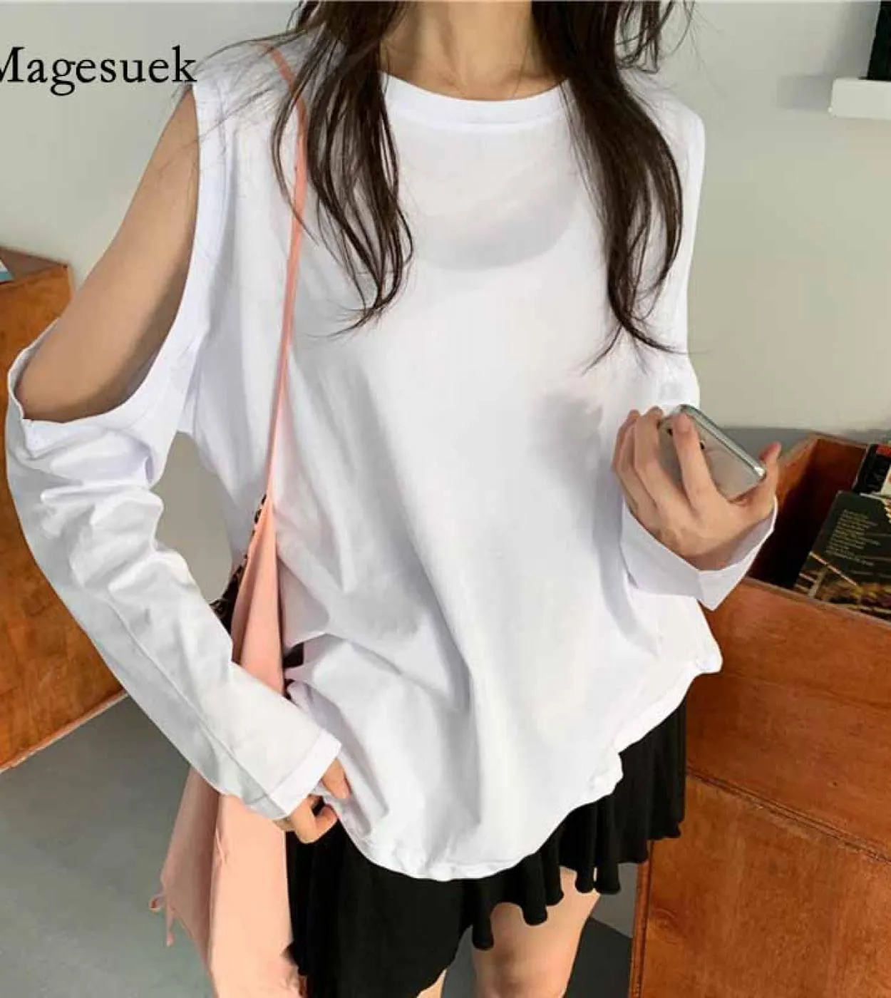 Camicetta da donna a maniche lunghe in cotone tinta unita con spalle scoperte Camicetta da donna Office Lady Oneck Camicia pullo