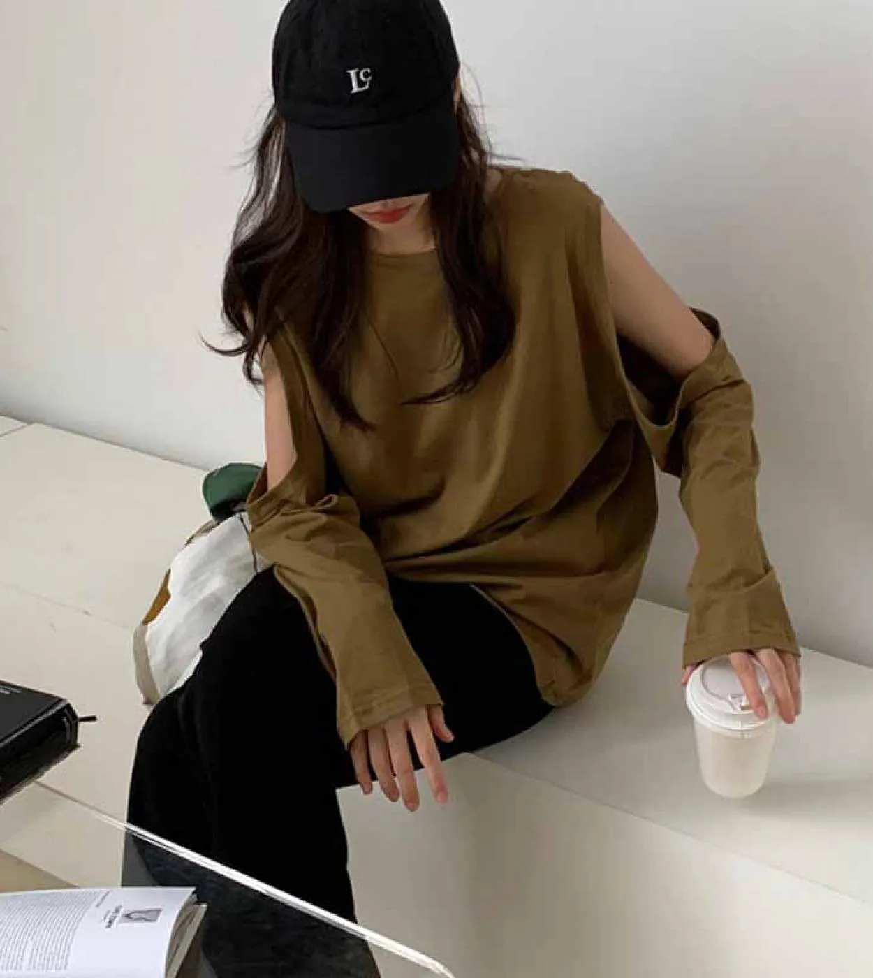 Camicetta da donna a maniche lunghe in cotone tinta unita con spalle scoperte Camicetta da donna Office Lady Oneck Camicia pullo