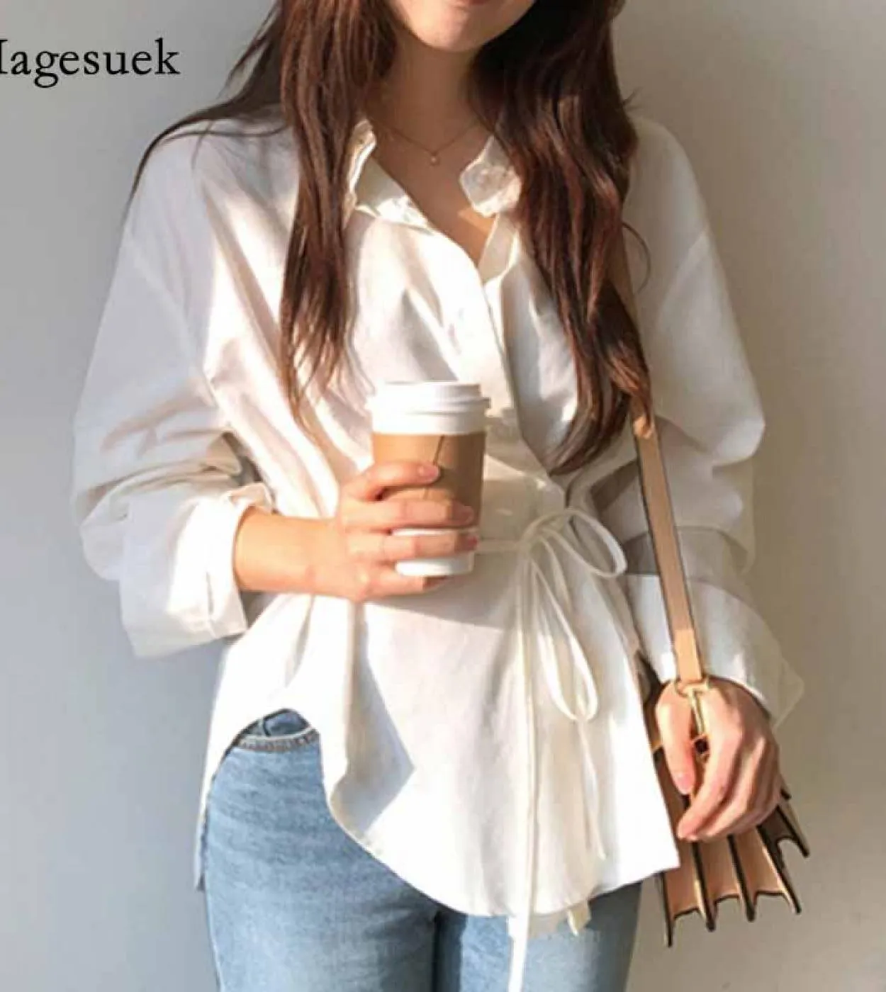 Camicetta da donna Slim Solid Tops Camicetta da donna Camicie casual in cotone Camicie da autunno a maniche lunghe con risvolto