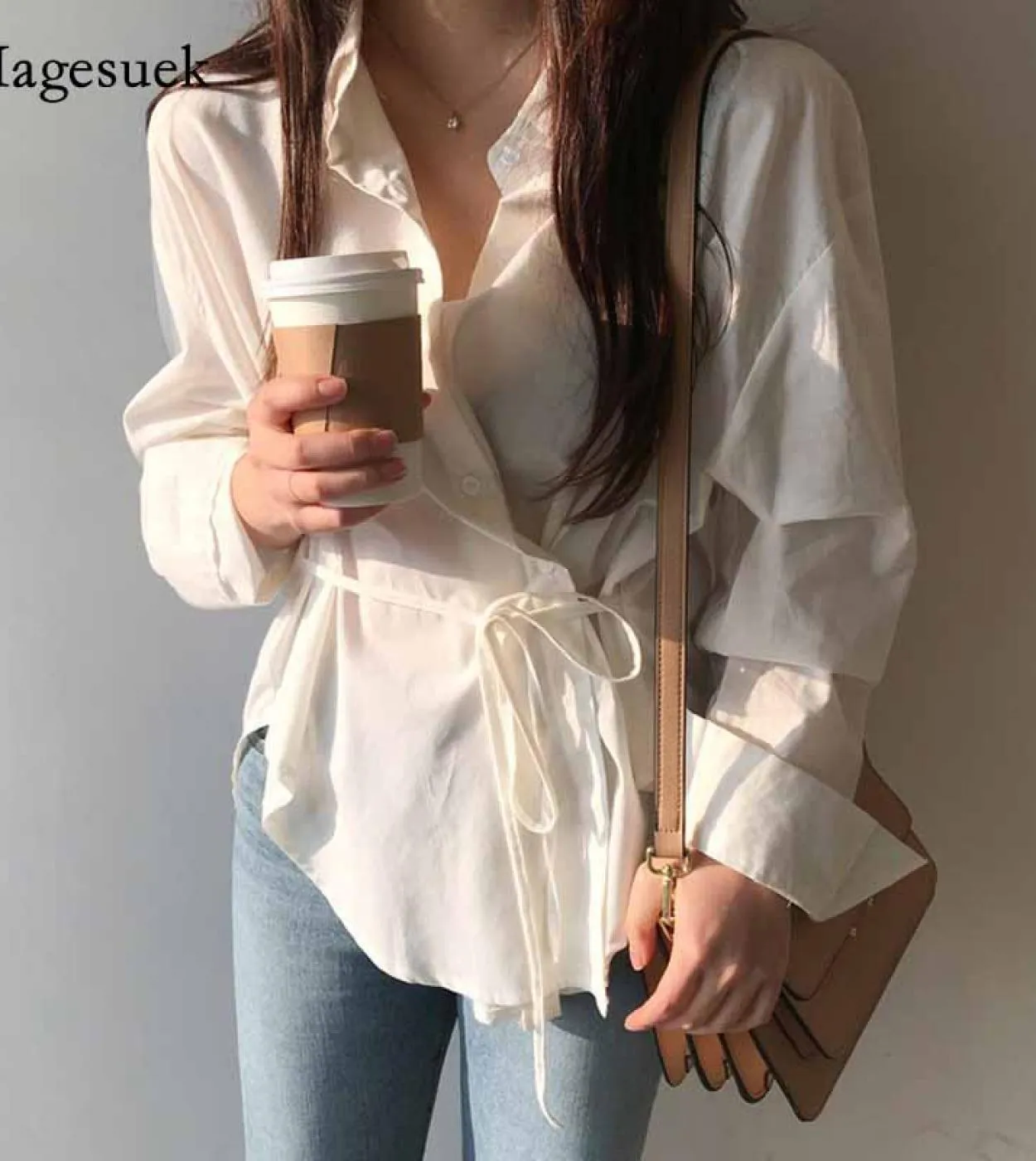 Camicetta da donna Slim Solid Tops Camicetta da donna Camicie casual in cotone Camicie da autunno a maniche lunghe con risvolto