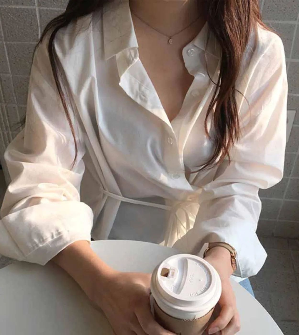 Camicetta da donna Slim Solid Tops Camicetta da donna Camicie casual in cotone Camicie da autunno a maniche lunghe con risvolto