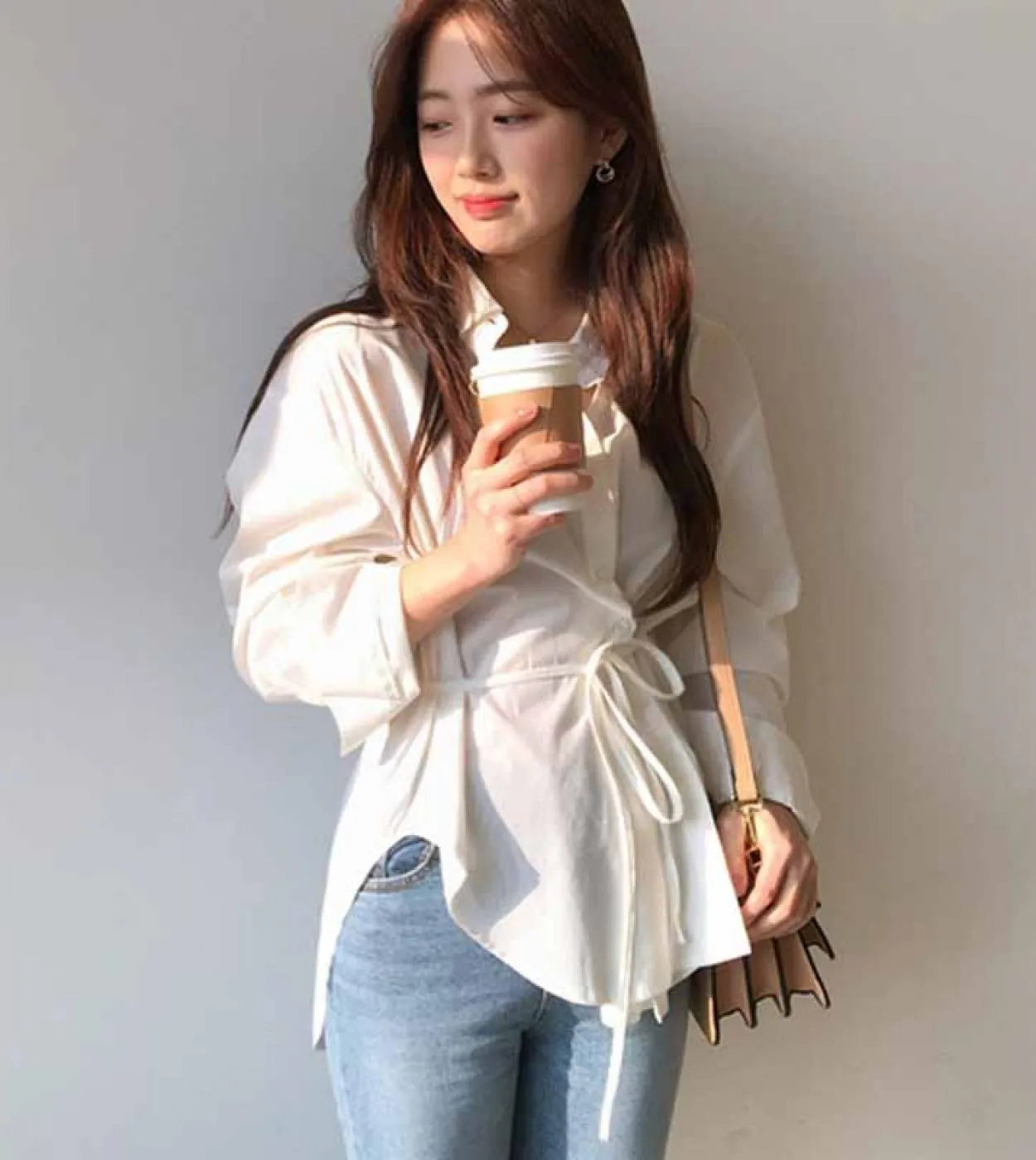Camicetta da donna Slim Solid Tops Camicetta da donna Camicie casual in cotone Camicie da autunno a maniche lunghe con risvolto