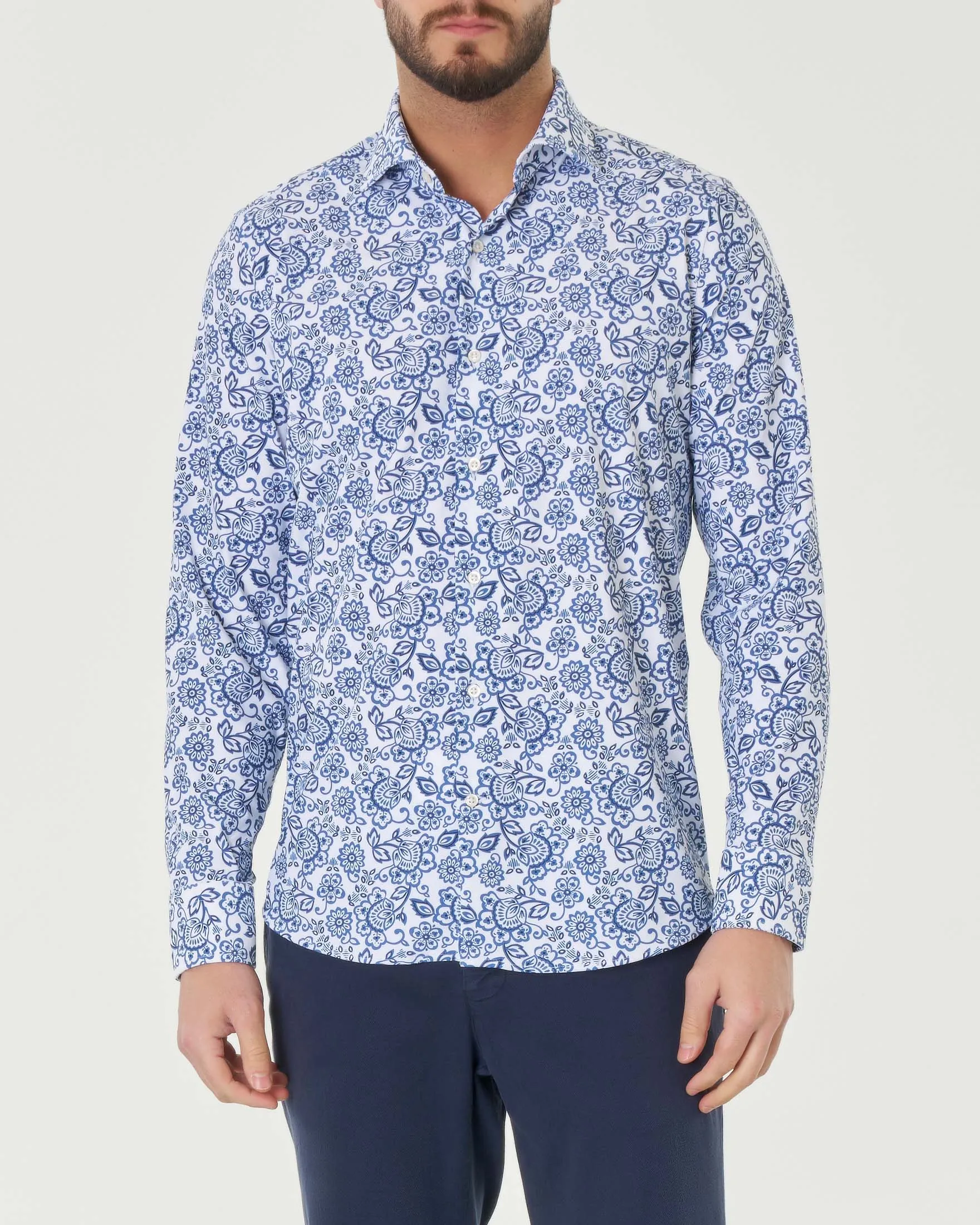 Camicia bianca in fantasia floreale blu in tessuto tecnico hyper comfort