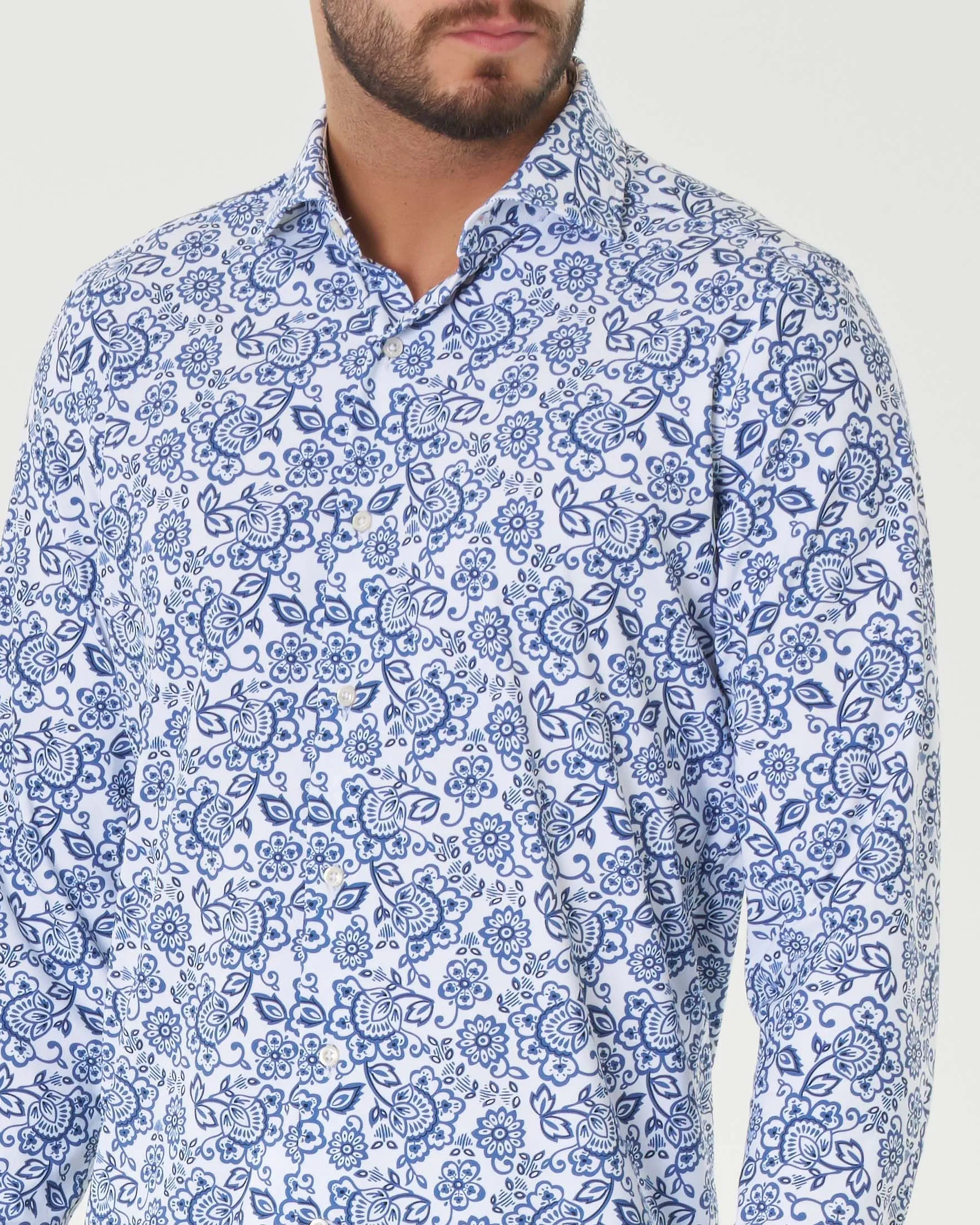 Camicia bianca in fantasia floreale blu in tessuto tecnico hyper comfort