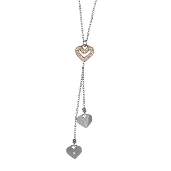 Collana in acciaio rosa con pendente a ciuffetto di cuori    