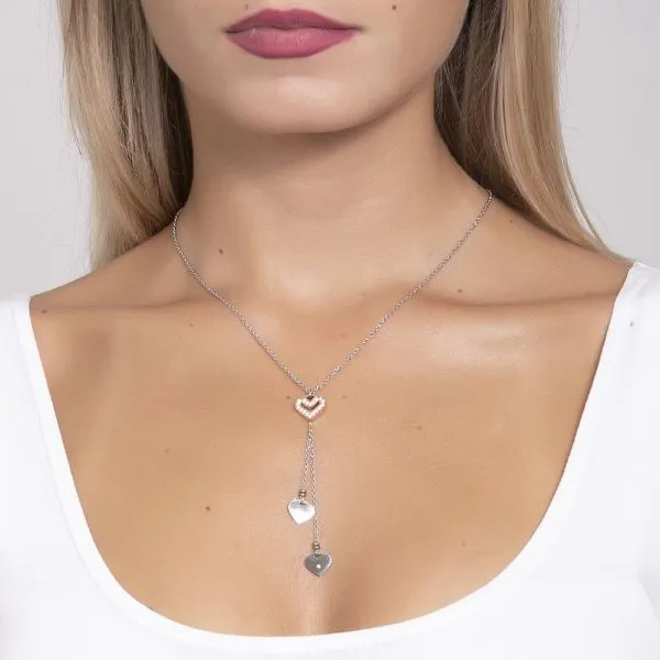 Collana in acciaio rosa con pendente a ciuffetto di cuori    