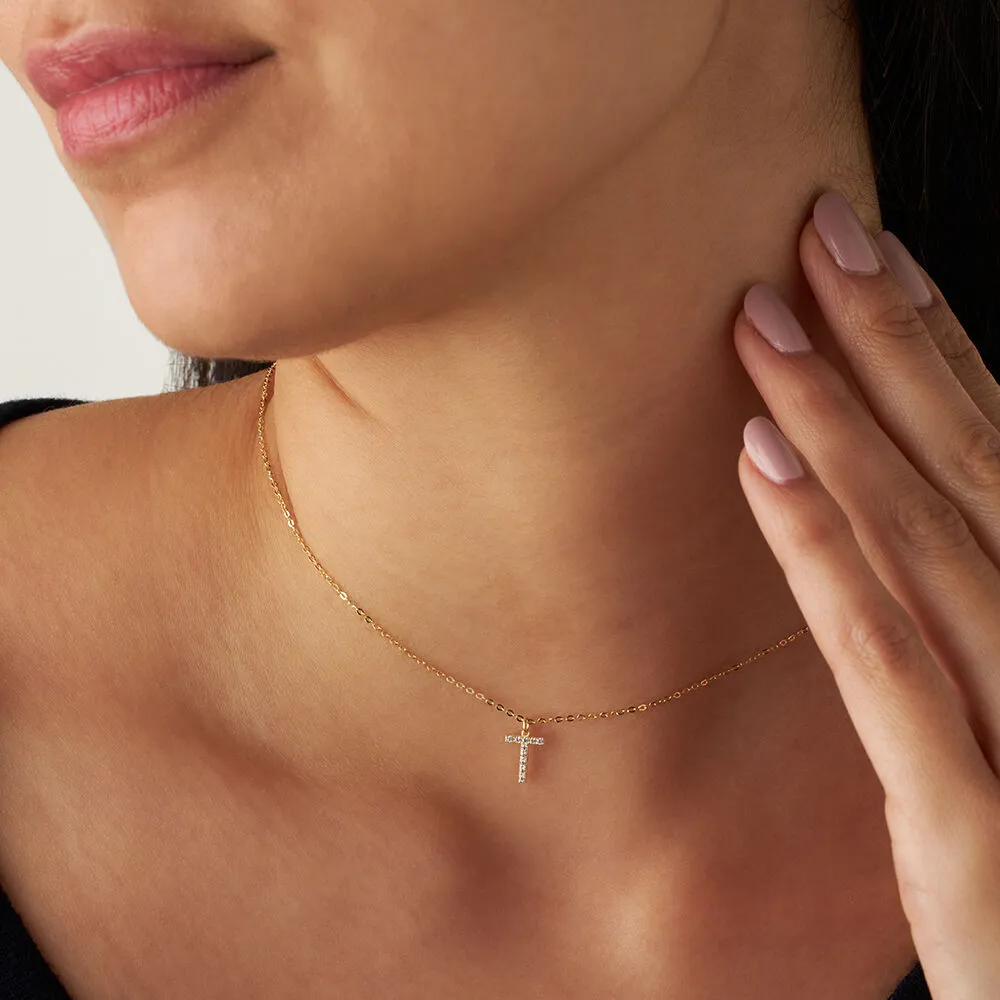 Collana Lettera T Claire Oro Giallo 375/1000 Maglia Rolo Cubic Zirconia Bianco 40 + 2 cm 1419321