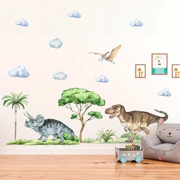 Dinosauri in avventura giurassica con nuvole e alb - ADESIVI BAMBINI