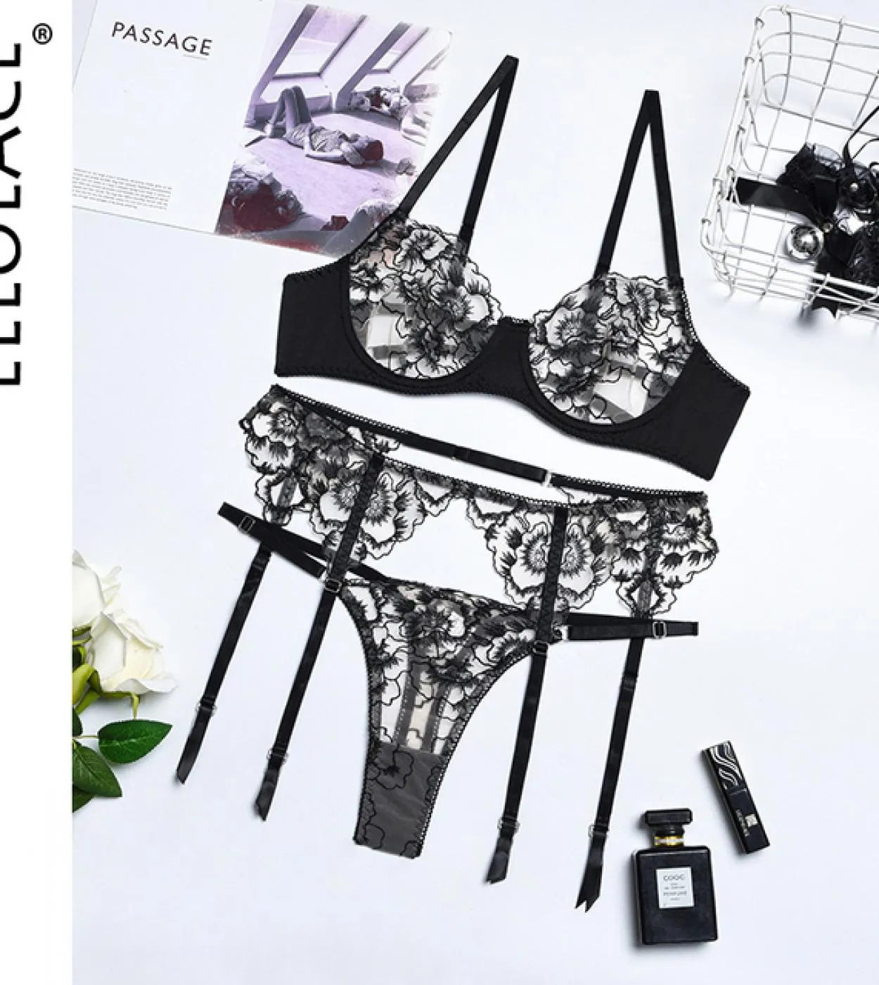 Ellolace Lingerie Trasparente Reggiseno Ricamo Biancheria Intima Set Vedere Attraverso Bellissimi Set Esotici Giarrettiere Fanta