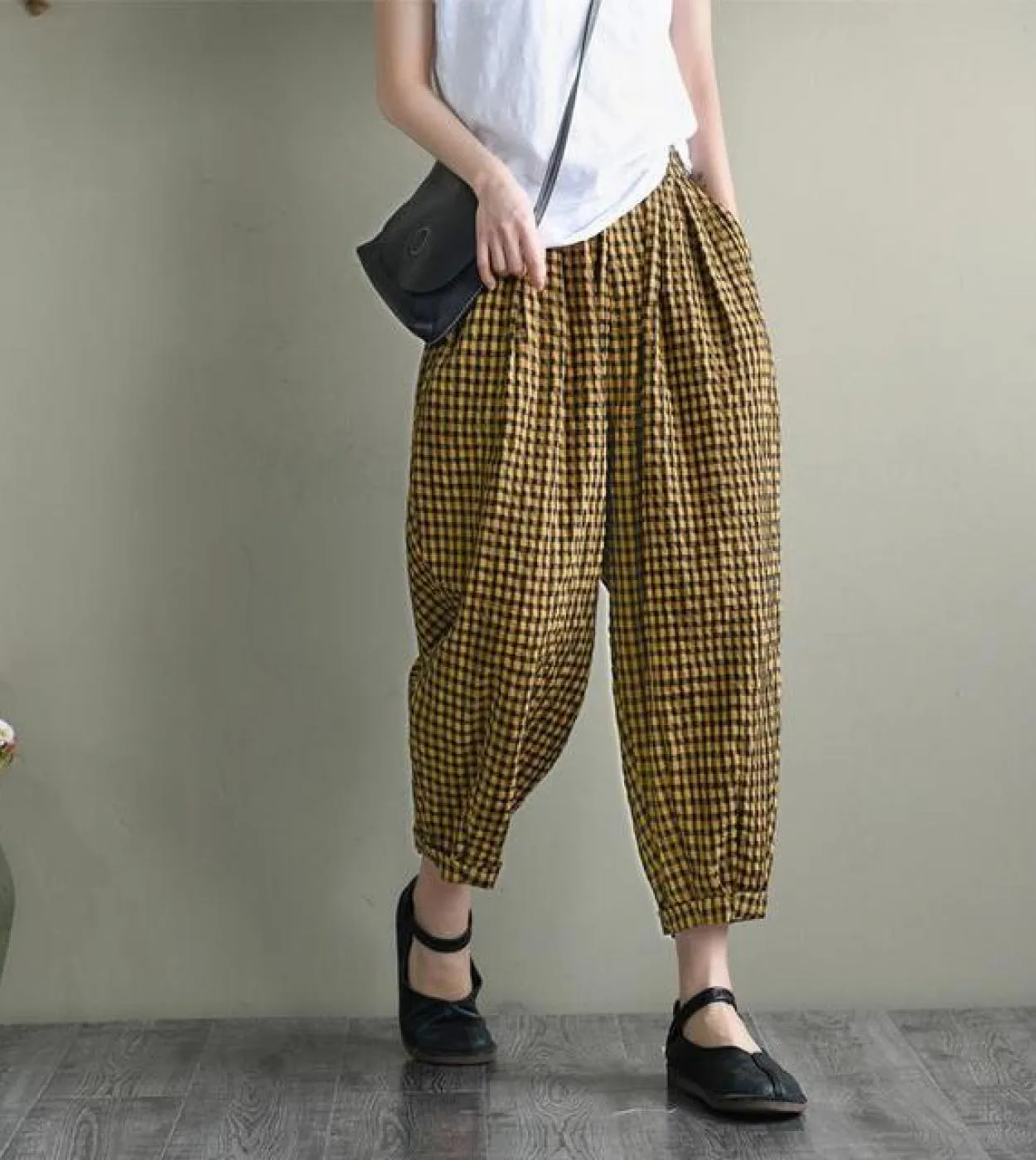 Estate New Arts Style Donna Elastico in vita Pantaloni larghi alla caviglia casual Pantaloni Harem scozzesi vintage in lino di c
