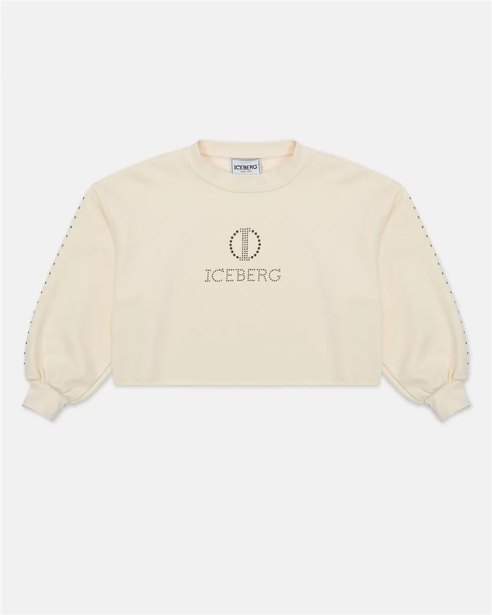 Felpa color panna modello crop con borchie e logo