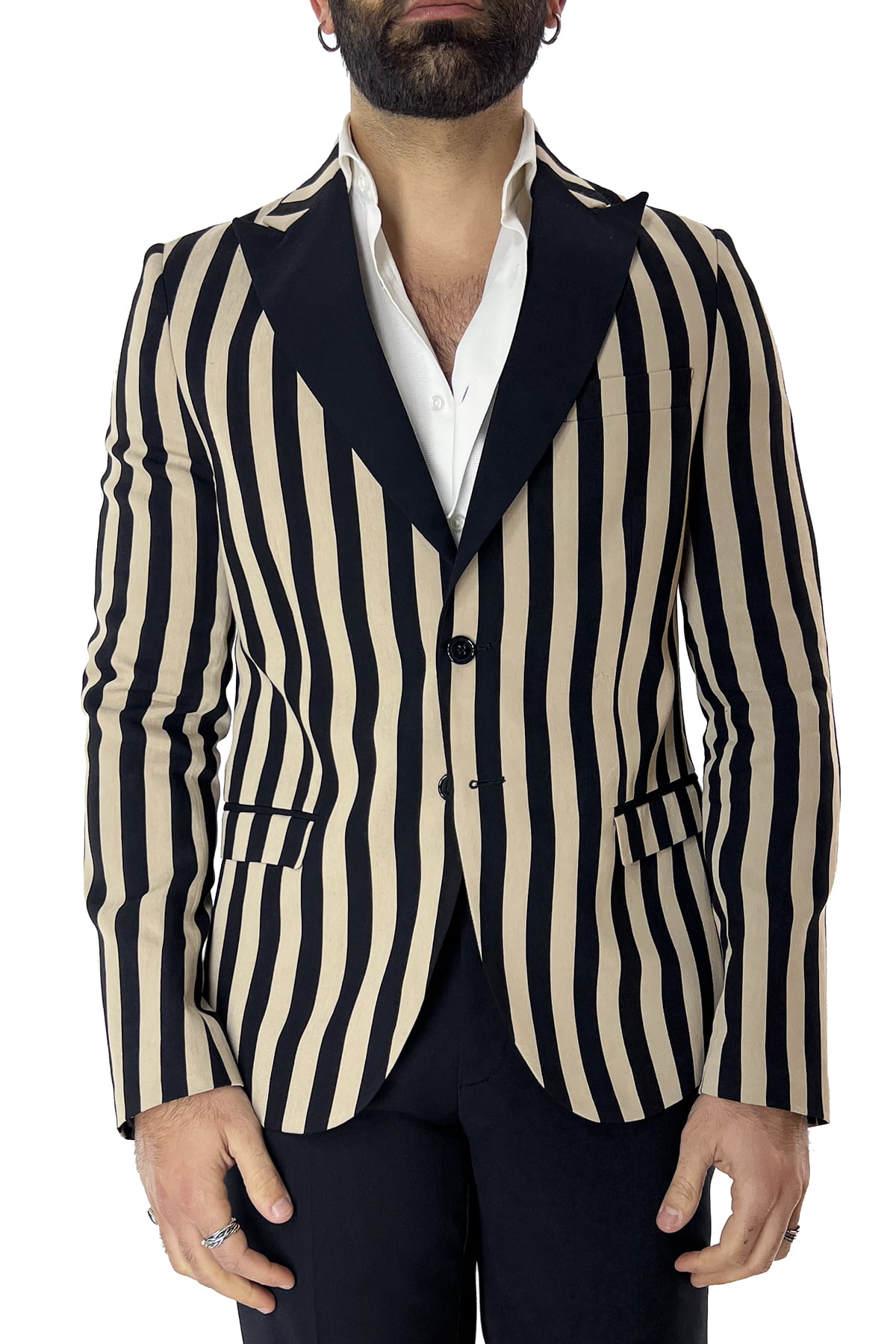 Giacca uomo Smoking beige riga nera monopetto rever a lancia in raso sartoriale
