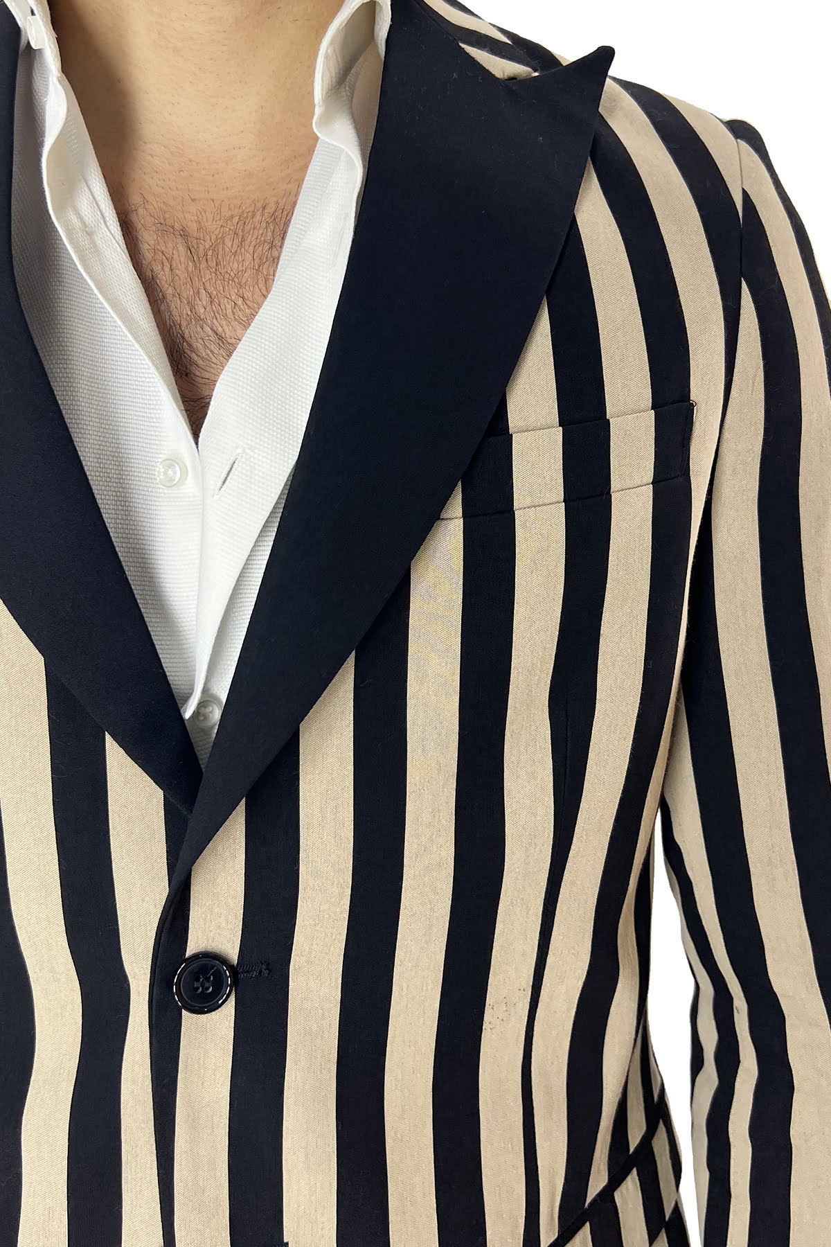 Giacca uomo Smoking beige riga nera monopetto rever a lancia in raso sartoriale