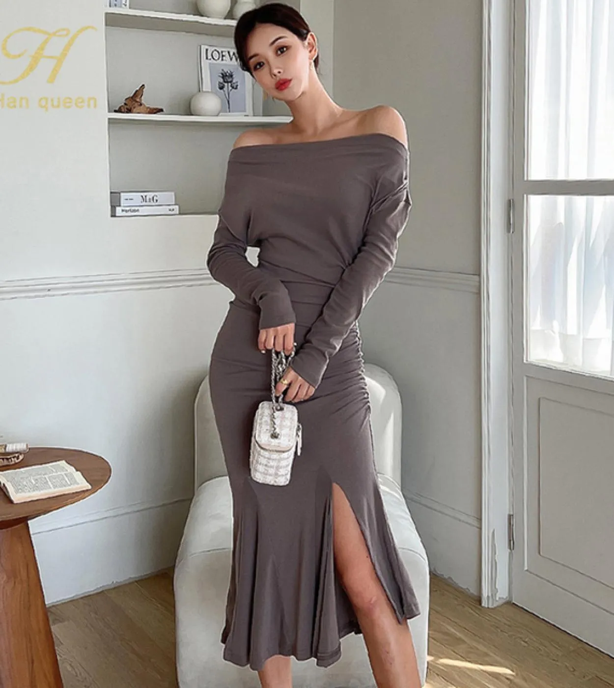 H Han Queen Nuovi abiti eleganti Donna Split T Slash Neck Abiti vintage Tubino da ufficio Abito aderente a metà polpaccio Ves