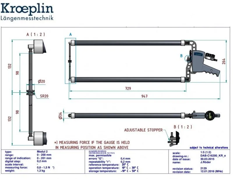 KROEPLIN 961.966 Comparatore digitale per esterni Modello C16200, campo di misura 0-200 mm, lunghezza braccio 729 mm, IP67