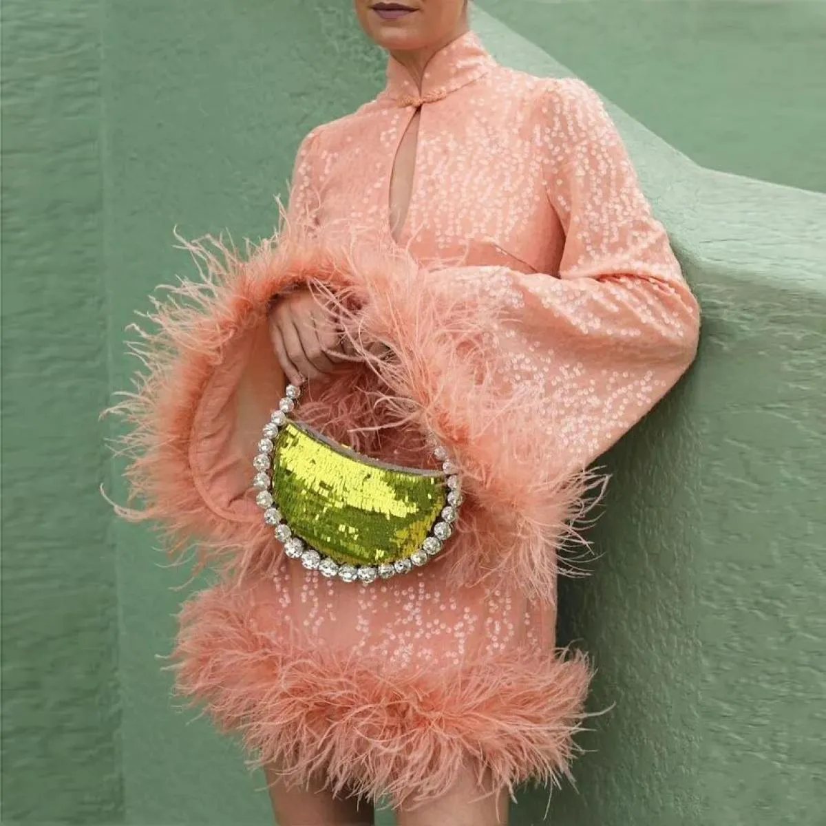 Moda Piume di paillettes Abiti da cerimonia Abiti da donna Collo alto Abito da sera casual Abito da ballo corto Abito formale Oc
