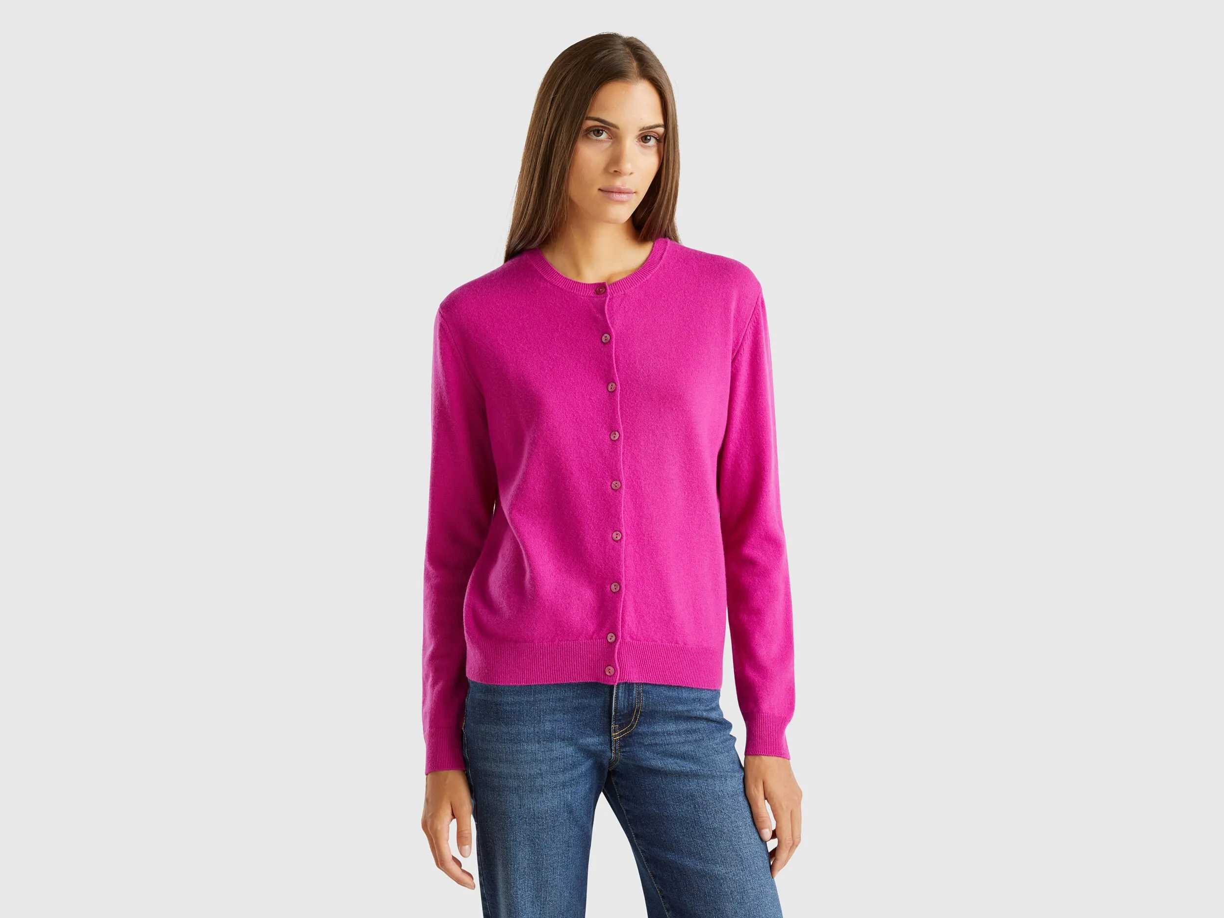 Nuovi arrivi Cardigan girocollo fucsia ciclamino in pura lana Merino