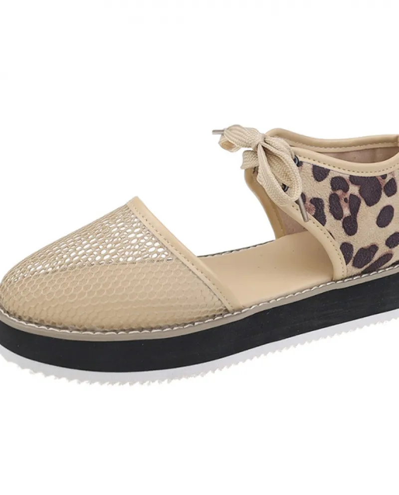 Nuovi sandali da donna Scarpe casual con plateau in maglia leopardata Scarpe basse Sandali con lacci alla moda estiva Nero Beige