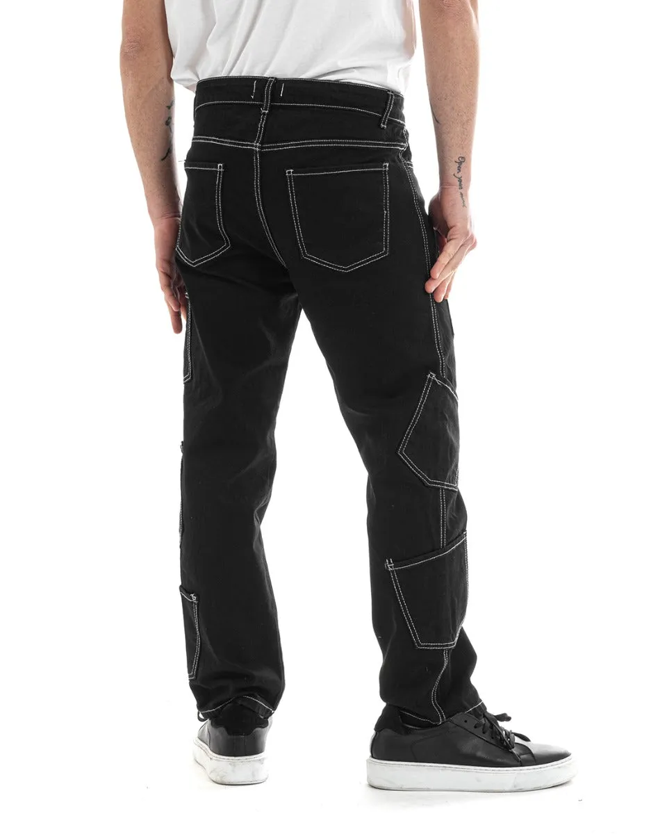 Pantaloni Uomo Lungo Cargo Jeans Nero Tasche Straight Fit GIOSAL-P5662A
