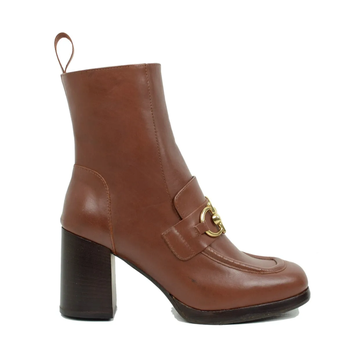 Polacchino Donna in Pelle Marrone con Morsetto Dorato e Zip Laterale