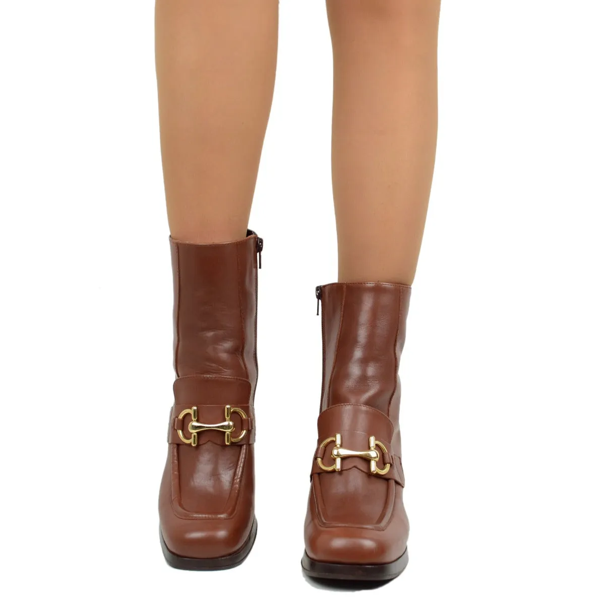 Polacchino Donna in Pelle Marrone con Morsetto Dorato e Zip Laterale