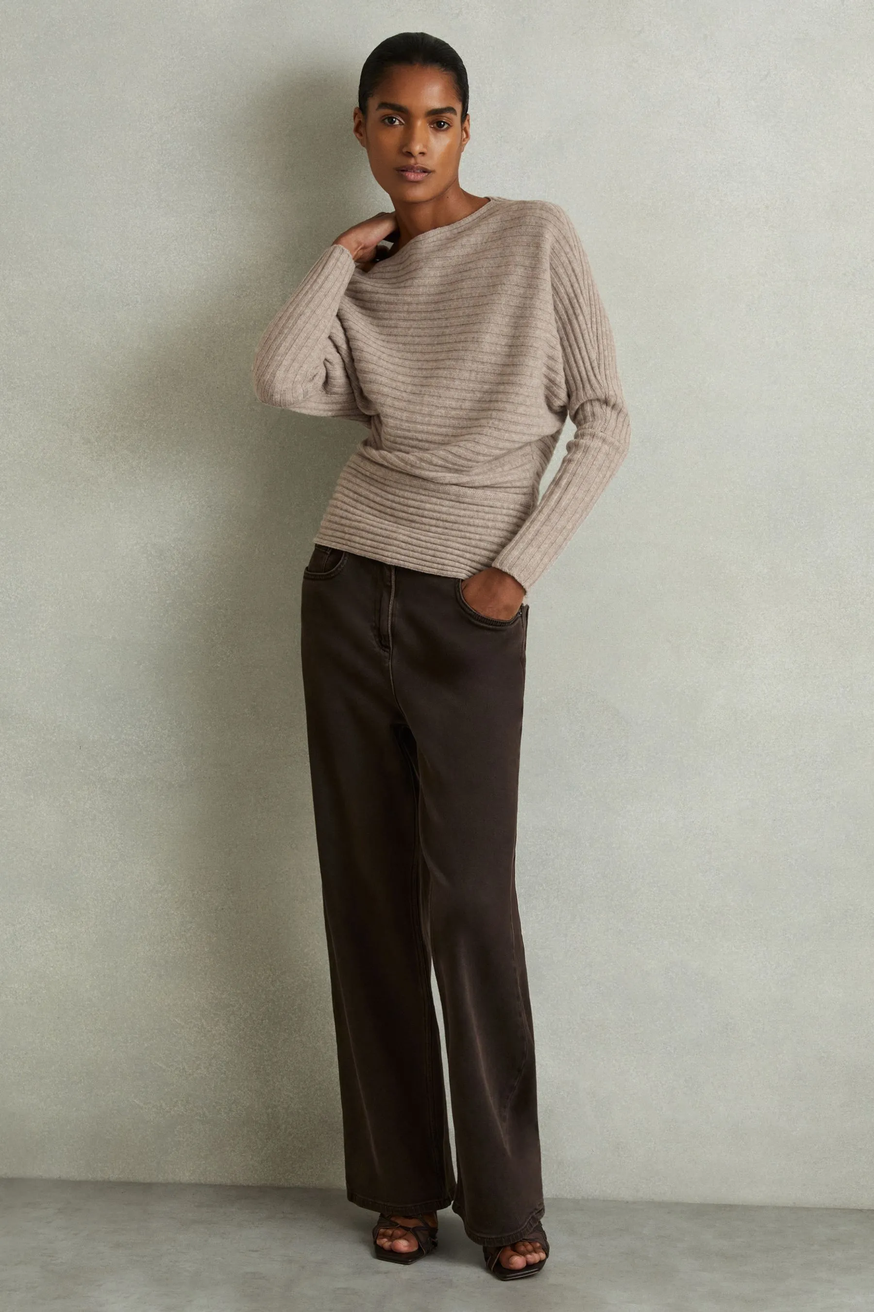 Reiss Nelly Wool-Cashmere Off-The-Shoulder Draped Jumper    