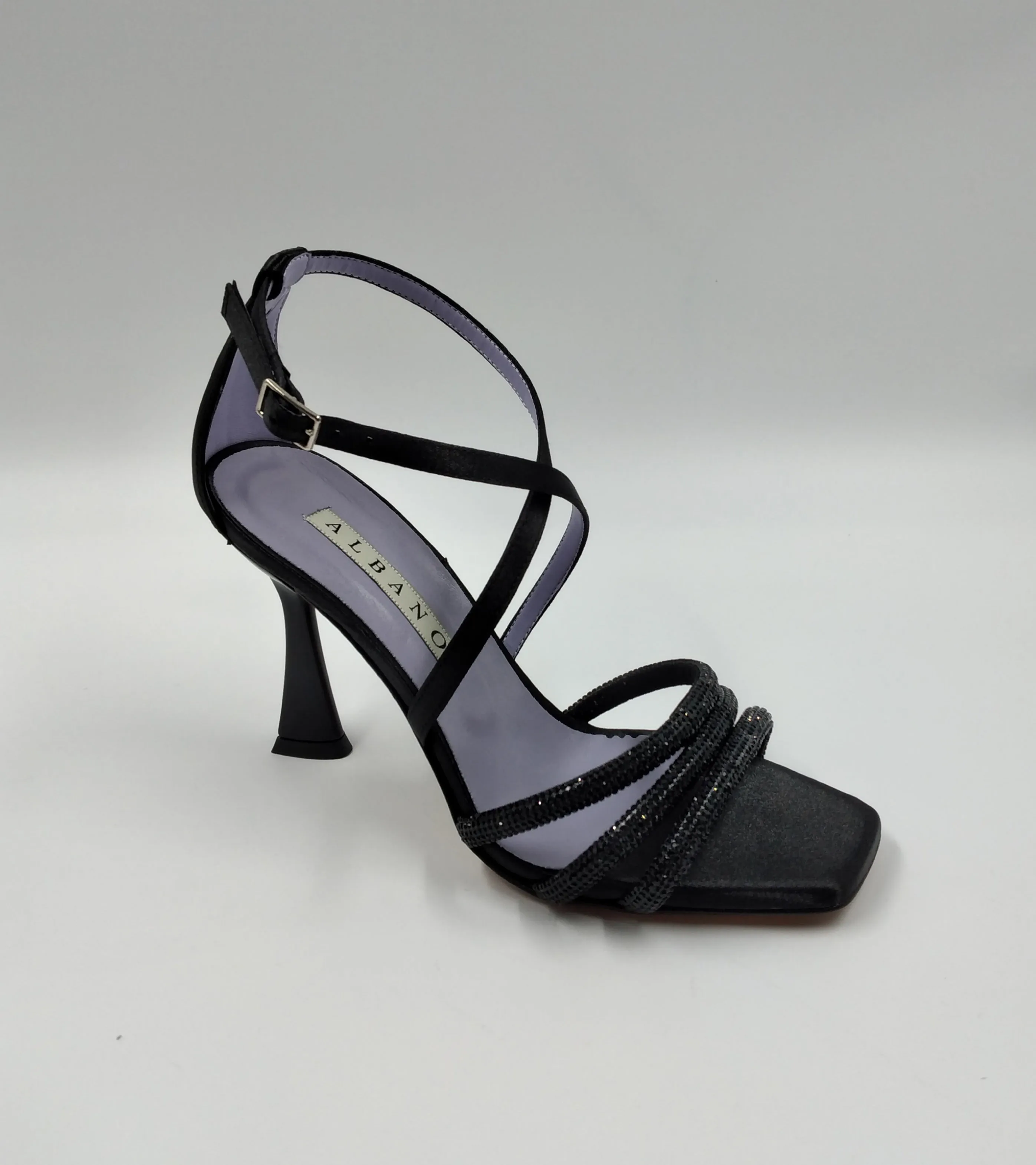 SANDALI RASO NERO FASCE STRASS