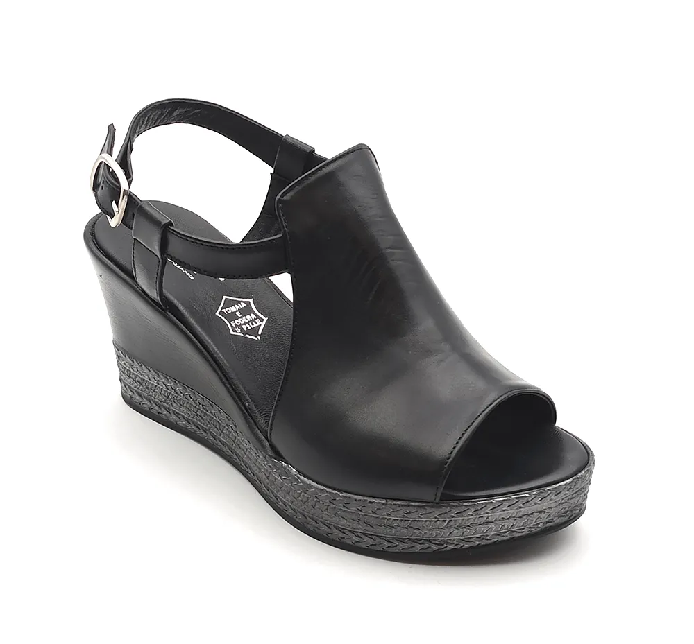 Sandalo zeppa da Donna in pelle Nero Lux 7590 NERO