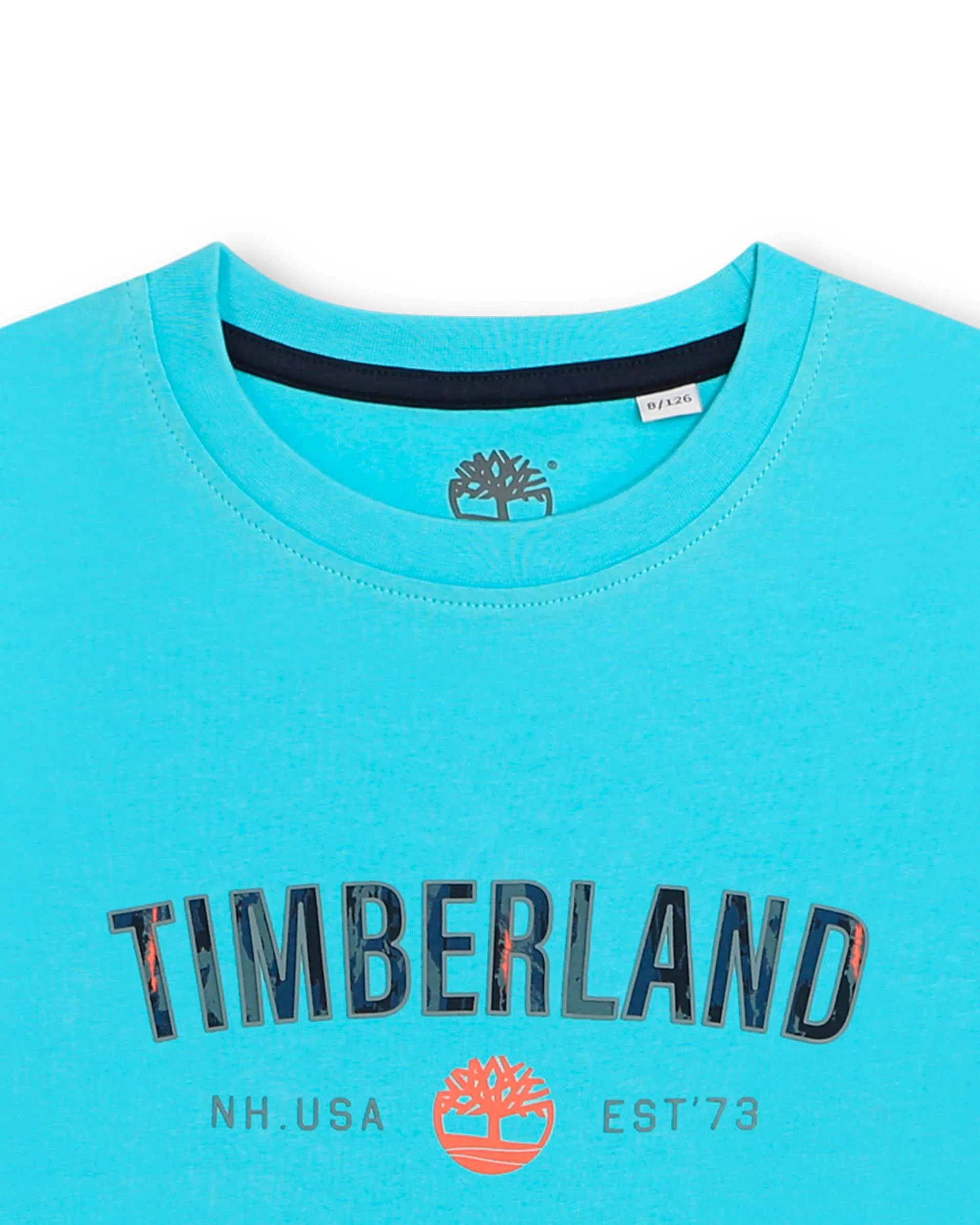 T-shirt azzurra in cotone a maniche corte con scritta logo camouflage 4-5 anni