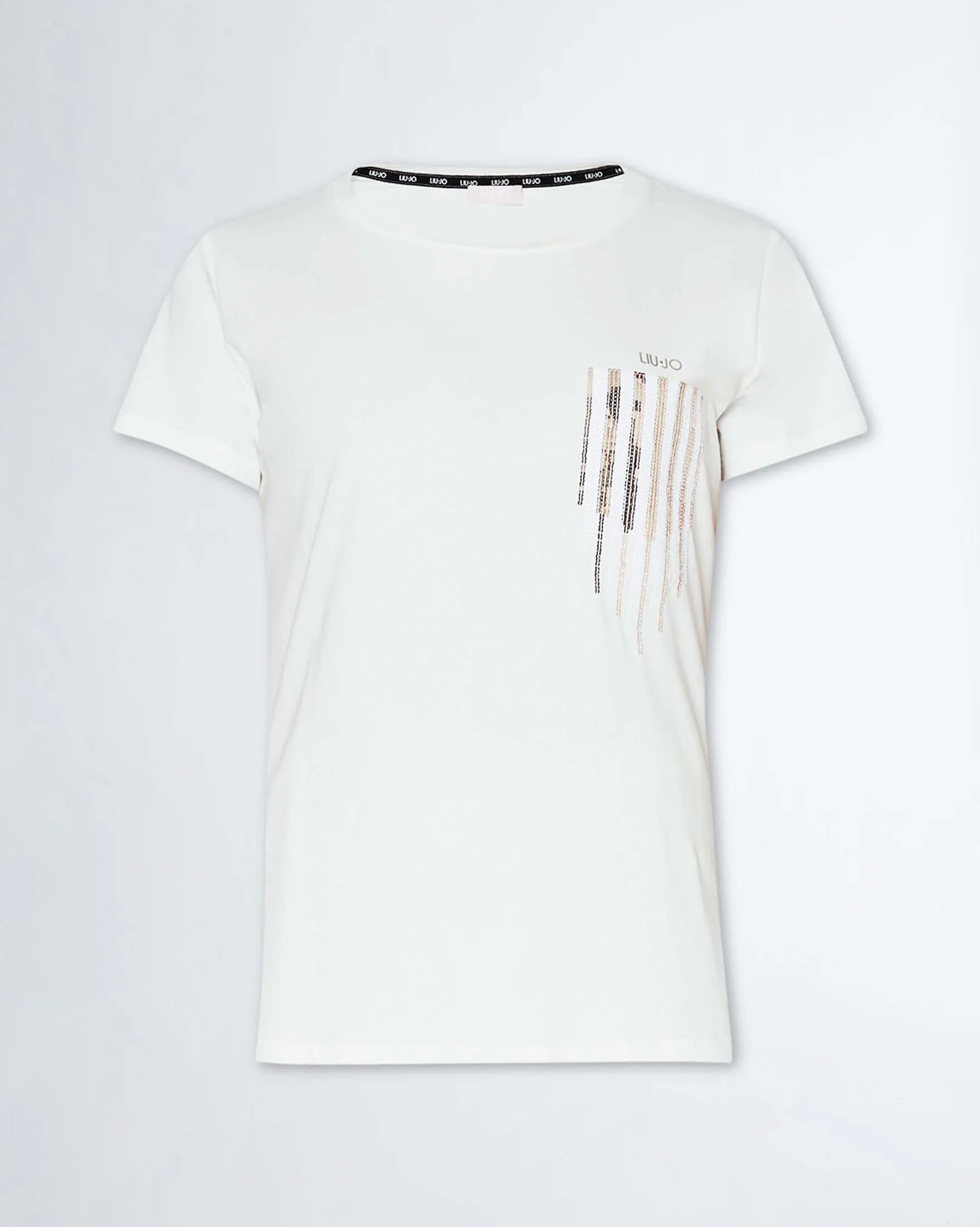 T-shirt bianca in cotone stretch con finto taschino in paillettes dorate e scritta logo