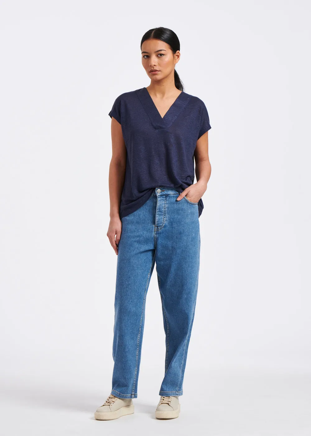 T-shirt bleu marine sans manches en jersey lin