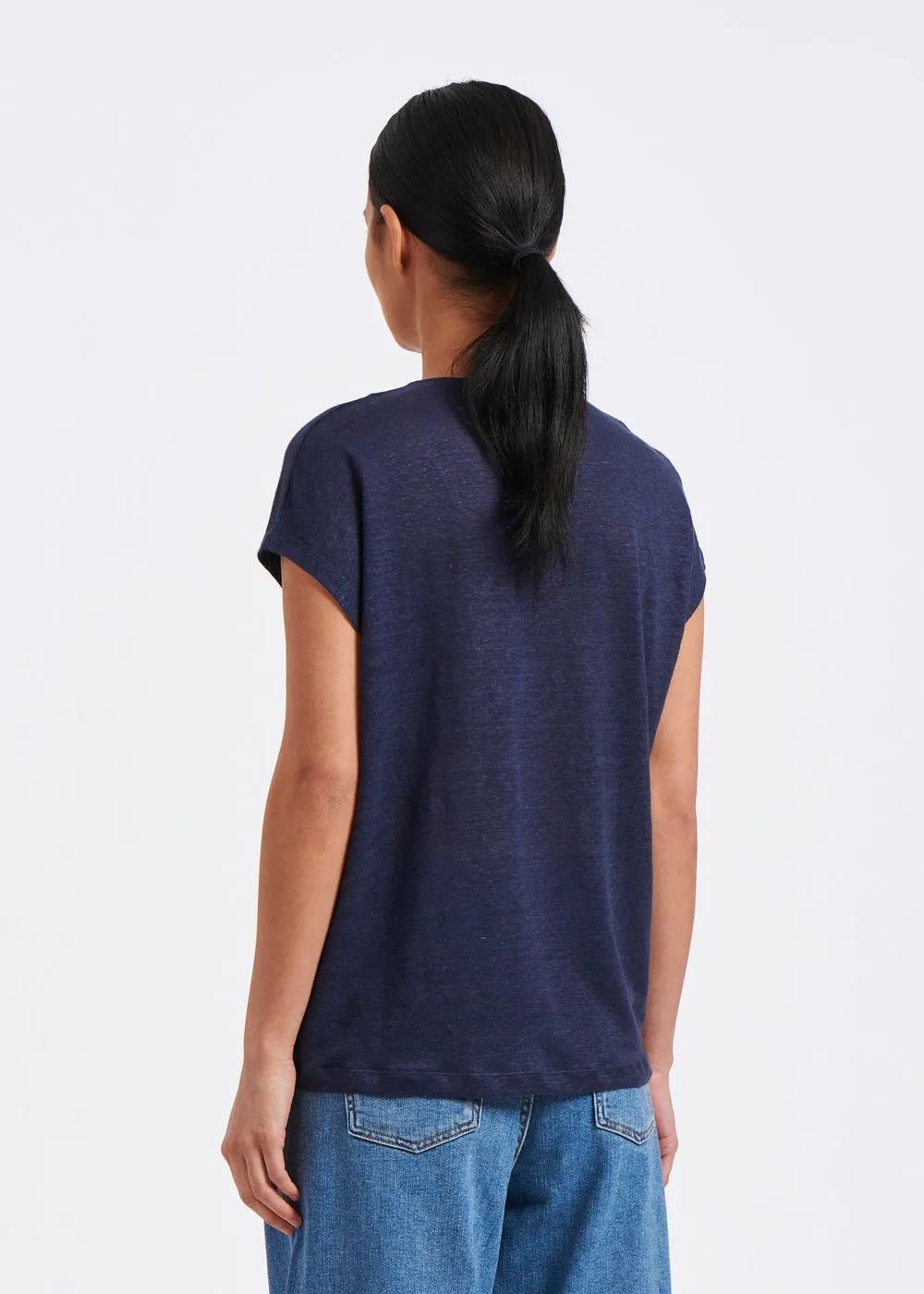 T-shirt bleu marine sans manches en jersey lin