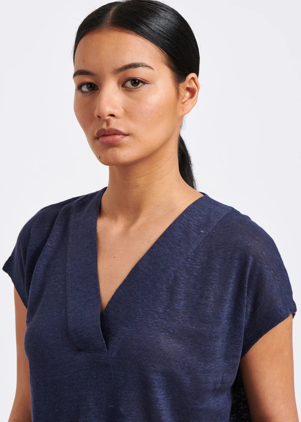 T-shirt bleu marine sans manches en jersey lin