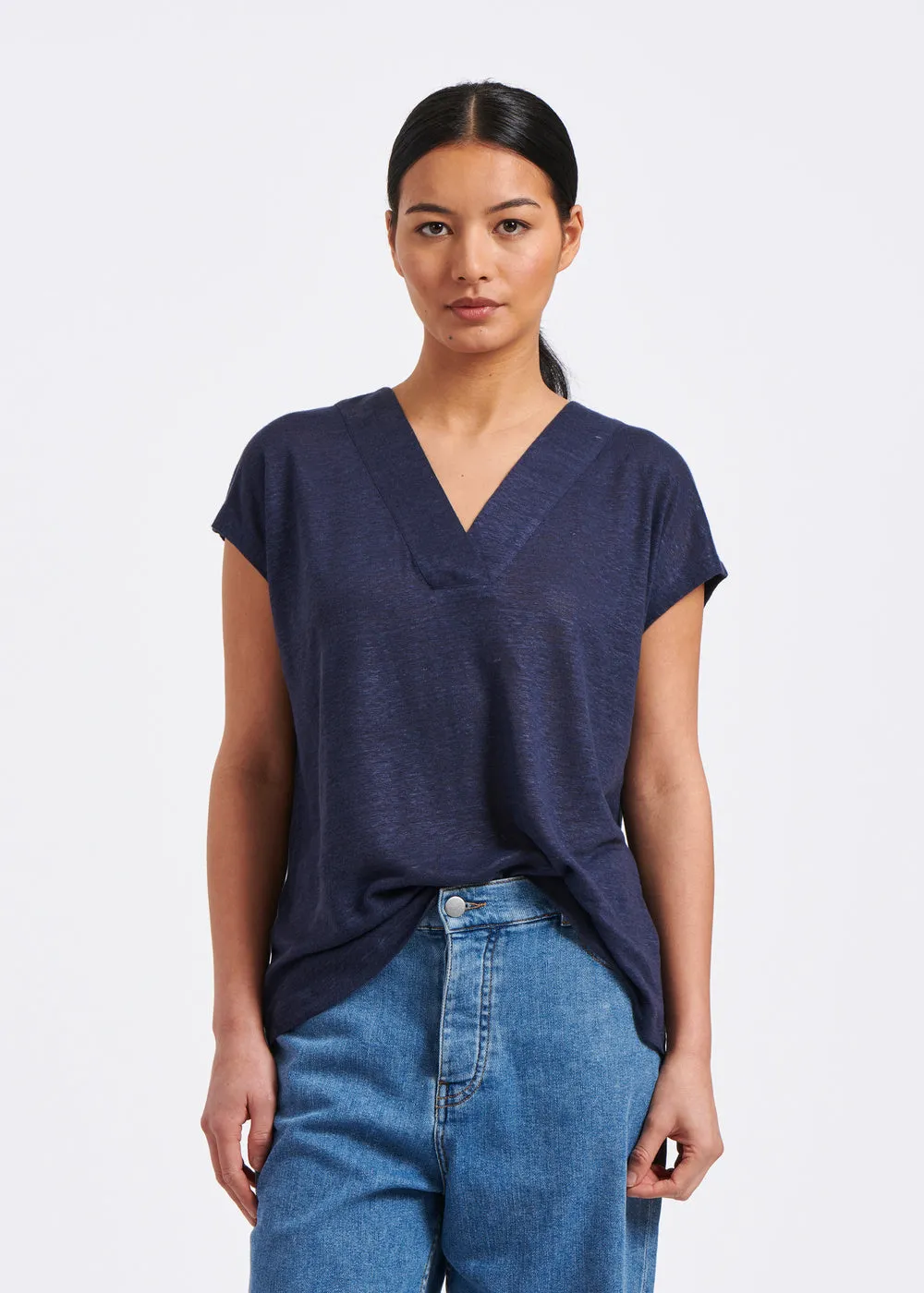 T-shirt bleu marine sans manches en jersey lin