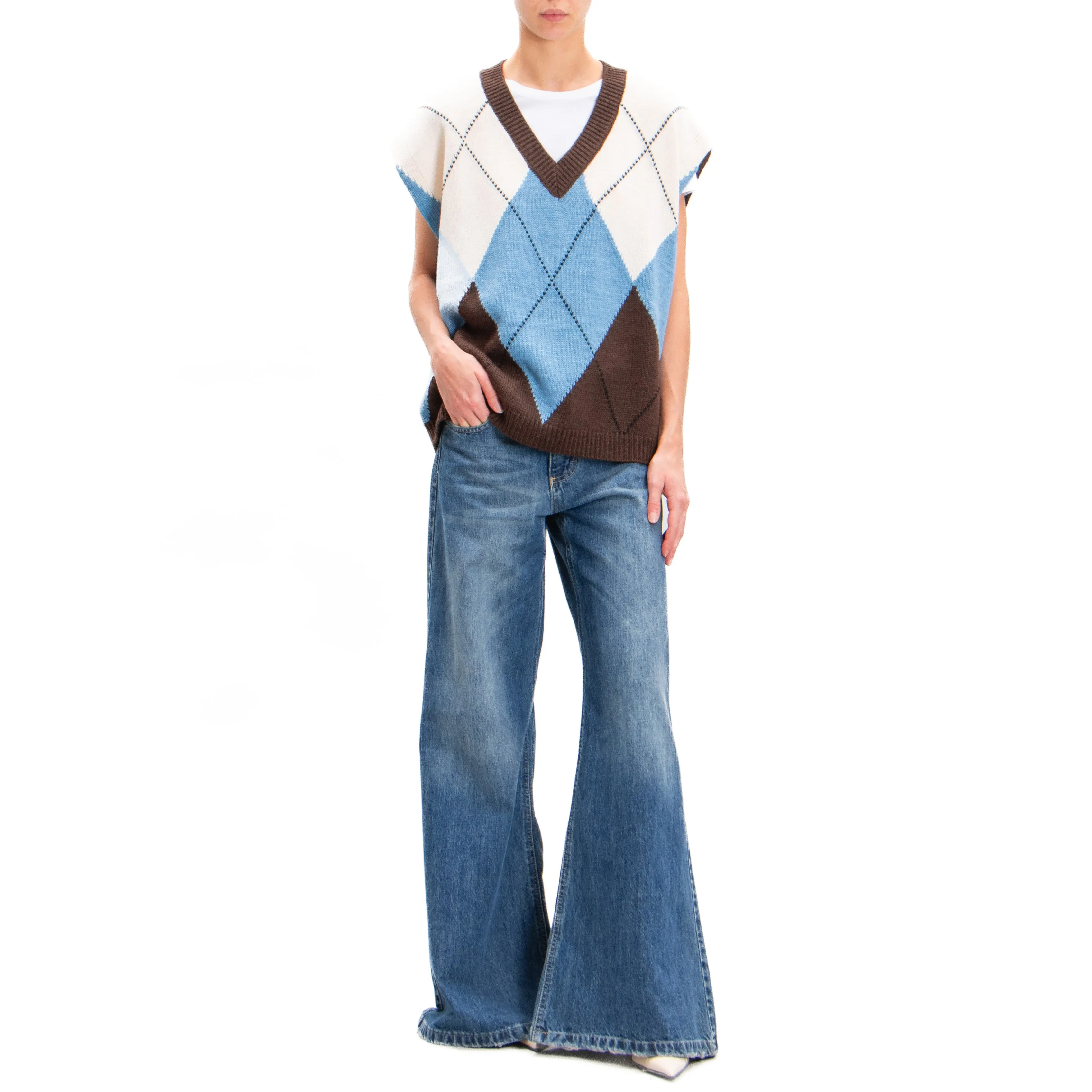 Tensione in-Gilet over misto alpaca rombi - moro/azzurro/burro